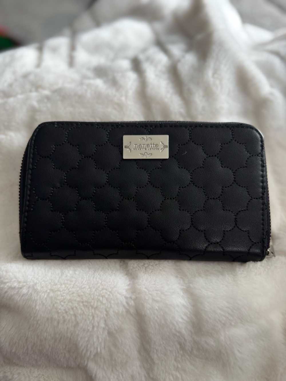 Nanette Lepore Black Quilted Zip Wallet with Logo Plate